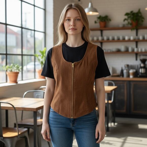 Vintage Nevada Blue Genuine Leather Vest Womens M Brown Zip Western Hippie Boho - Picture 4 of 5